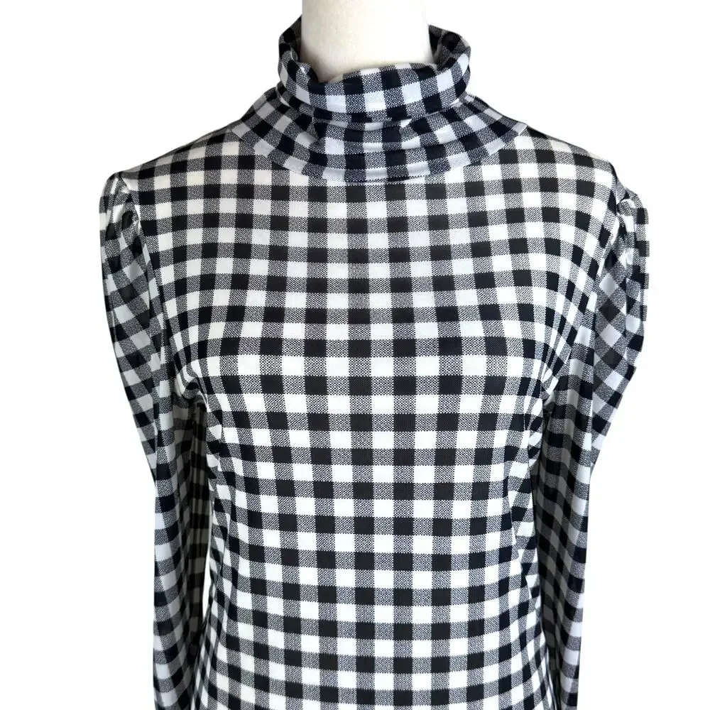 Free People Gathered Turtleneck Black & White Gingham Checkered Mesh Slim Top